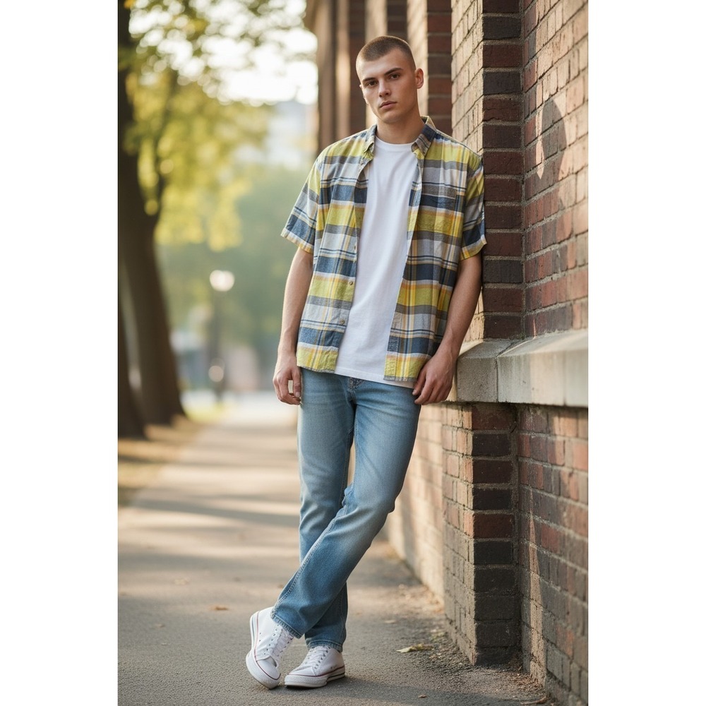 Woolrich Mens XXL‎ Plaid Button Down Shirt Short Sleeve Yellow Blue Cotton